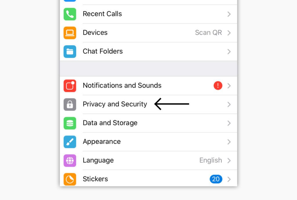 Telegram設定メニューのスクリーンショット