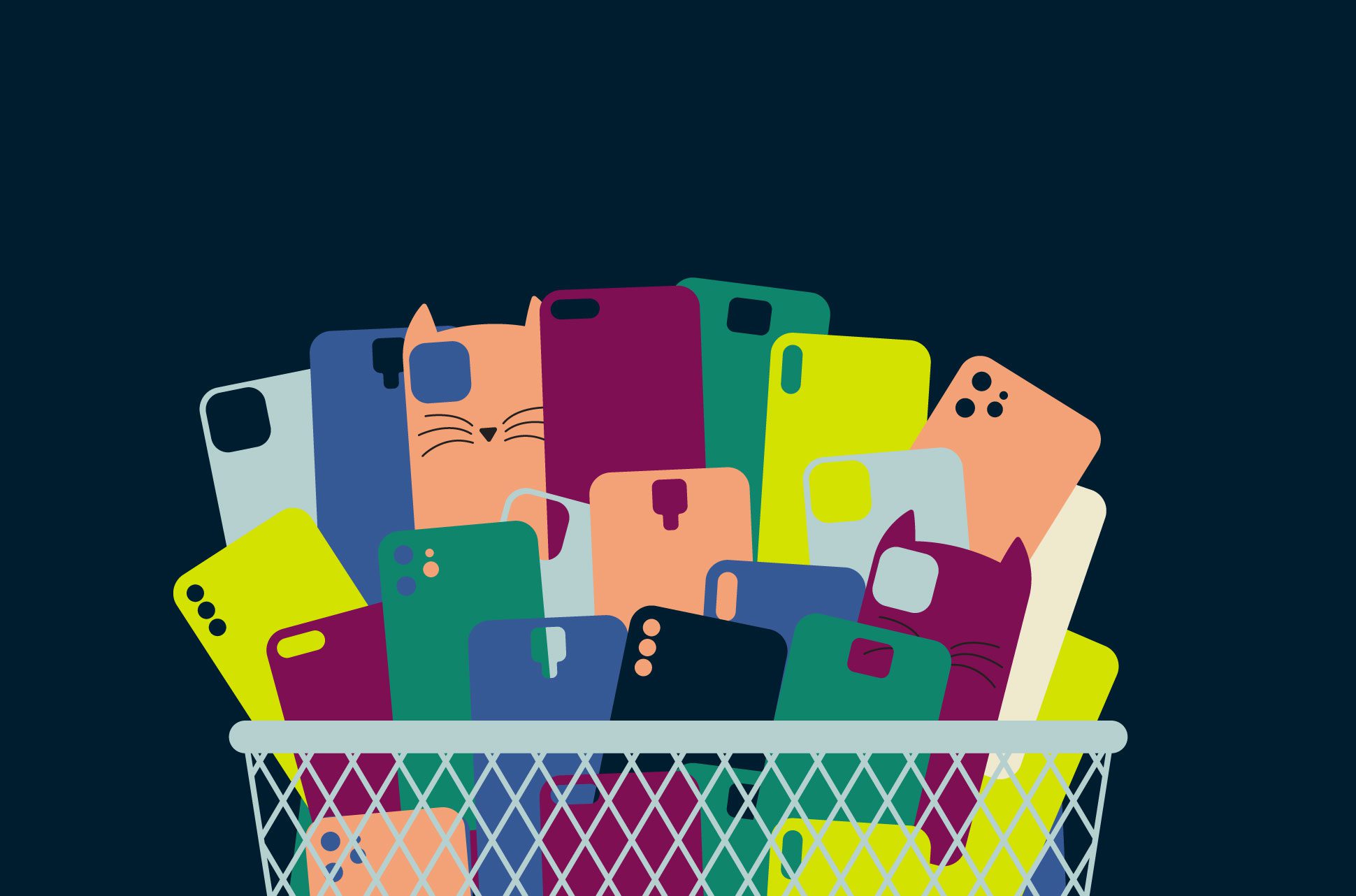 Phone cases in a bin.