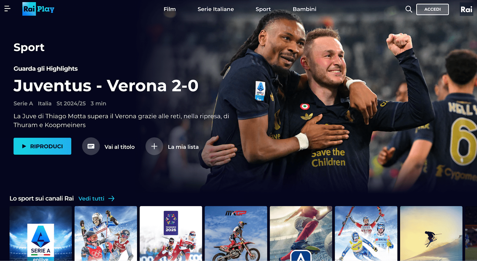 Screenshot of the sports section on RaiPlay