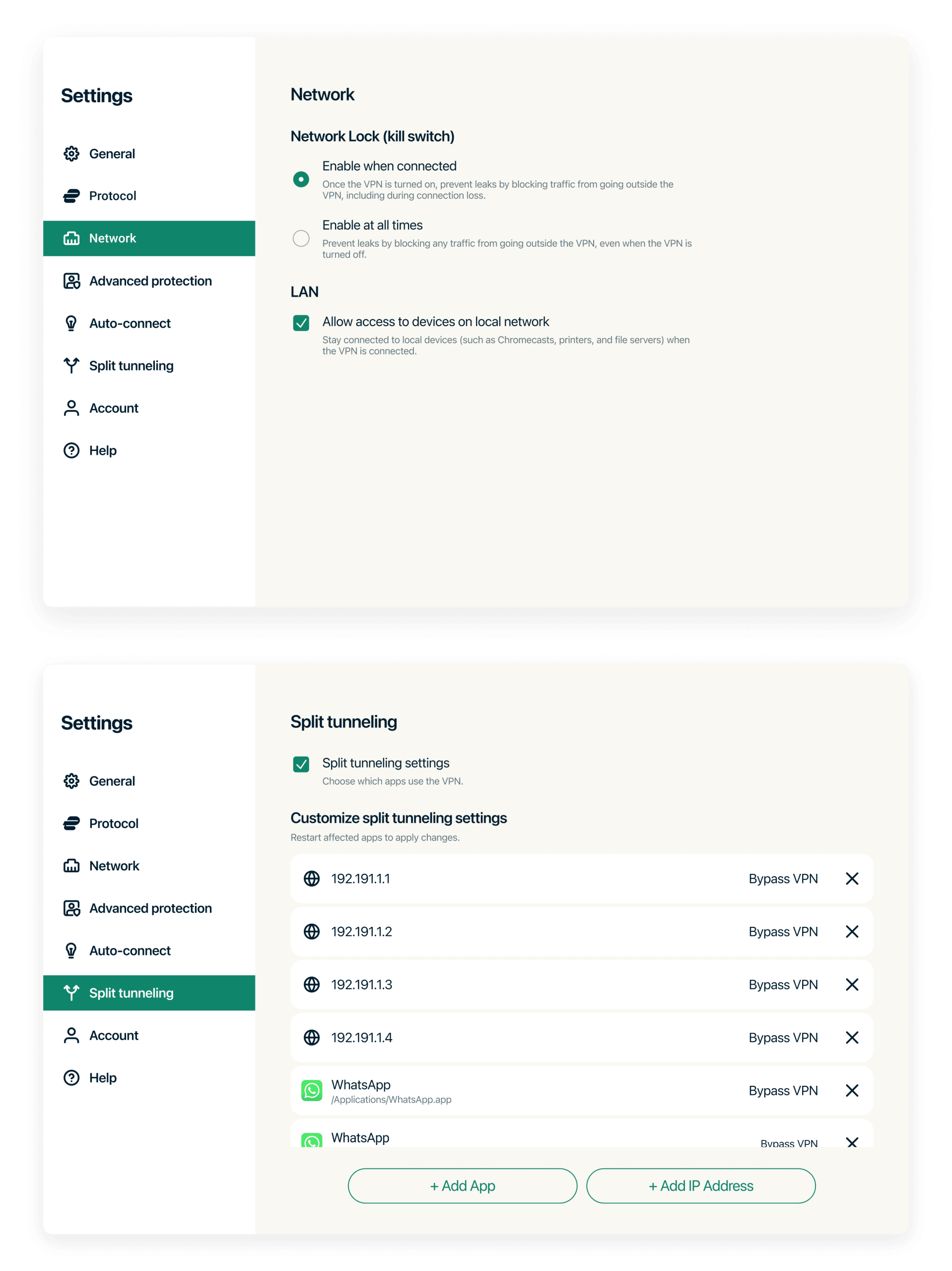 Screenshots of the split tunneling and network lock features on the ExpressVPN Linux GUI app