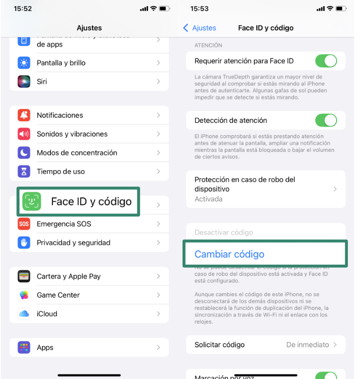 iPhone security settings with Face ID & Passcode menu and Change Passcode option.