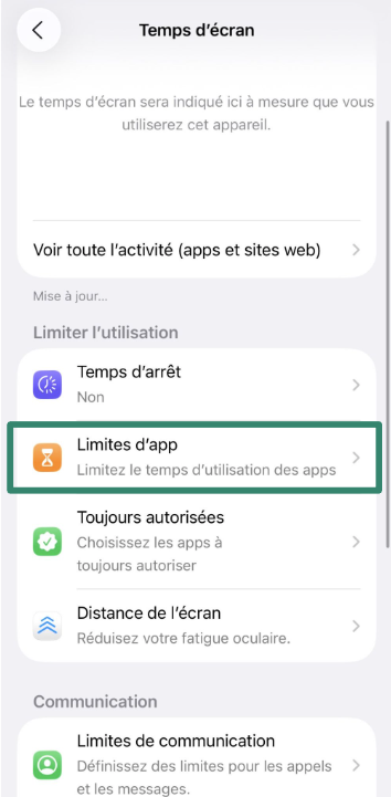 App Limits section with Add Limit option selected.