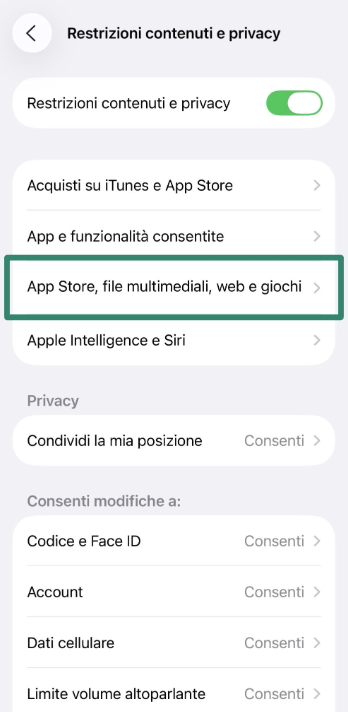 App Store, Media, Web & Games restrictions menu on iPhone.