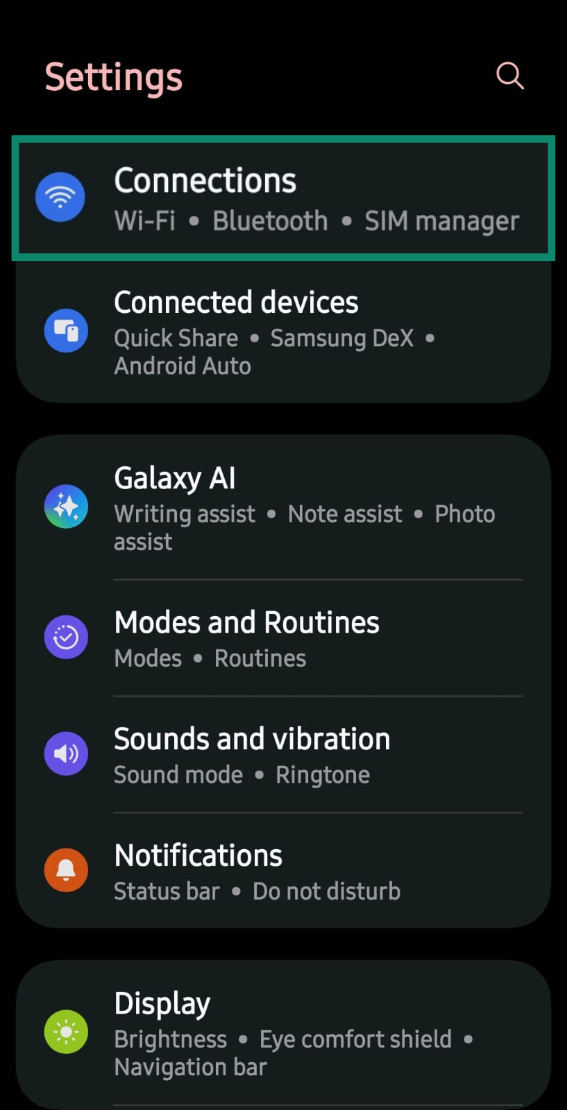 Close-up of Android settings menu with Connections settings highlighted.