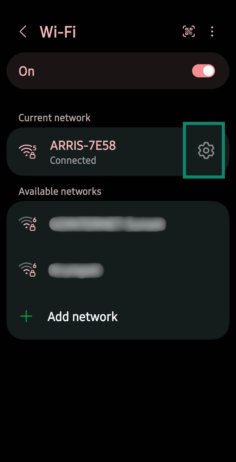 Android network connection screen in the Settings menu showing the connected Wi-Fi network with the gear icon highlighted.