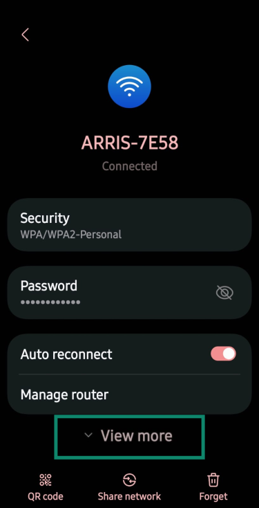 View more button highlighted under the connected Wi-Fi network on Android.