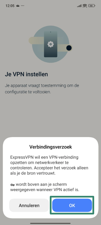 Allowing ExpressVPN to set up VPN connections on Android.