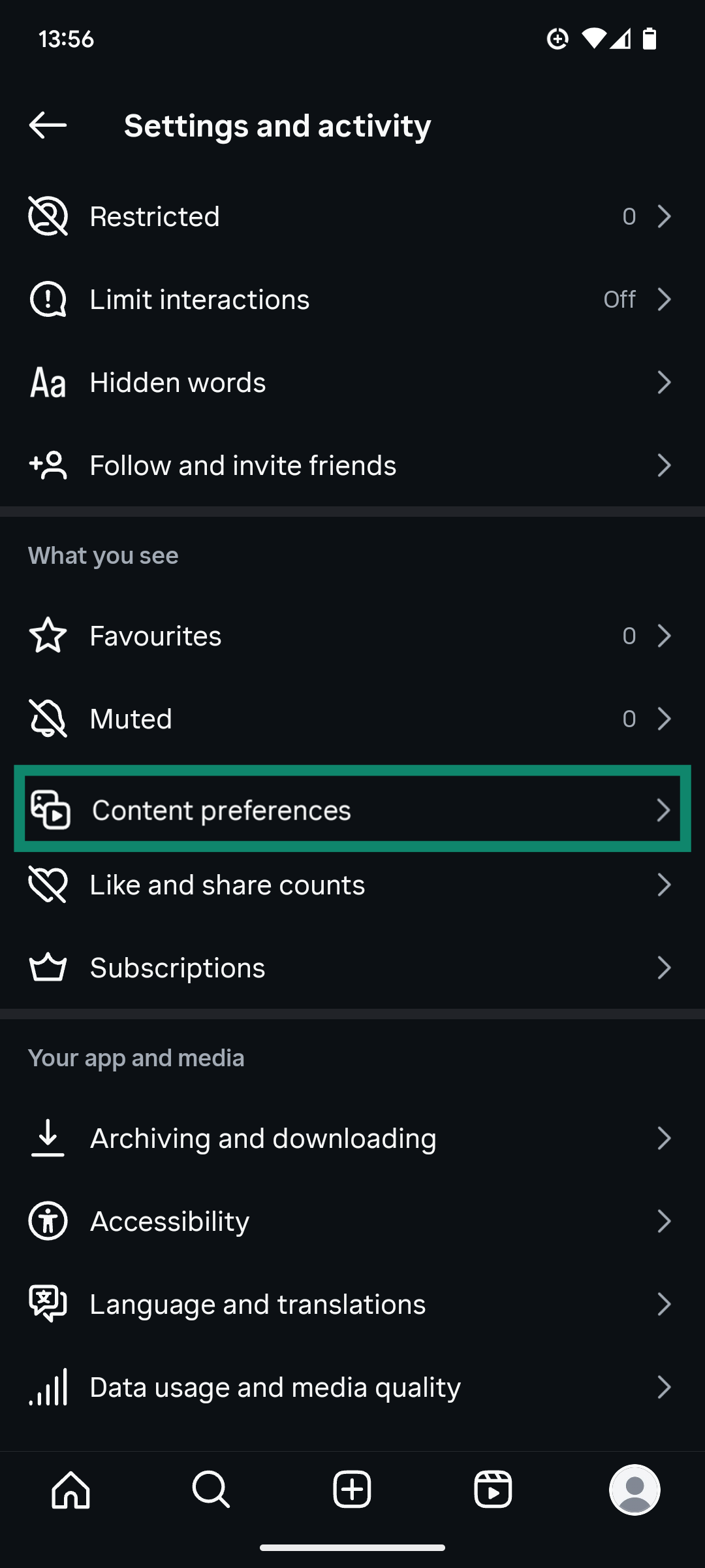 The Settings and activity menu of the Instagram app, showing the Content preferences option.