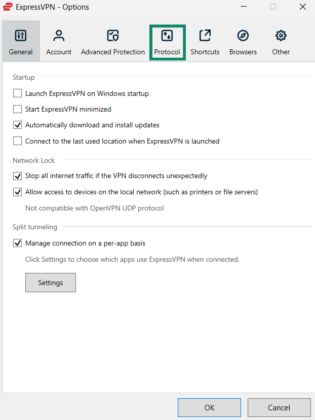 Accessing ExpressVPN protocol options on Windows.