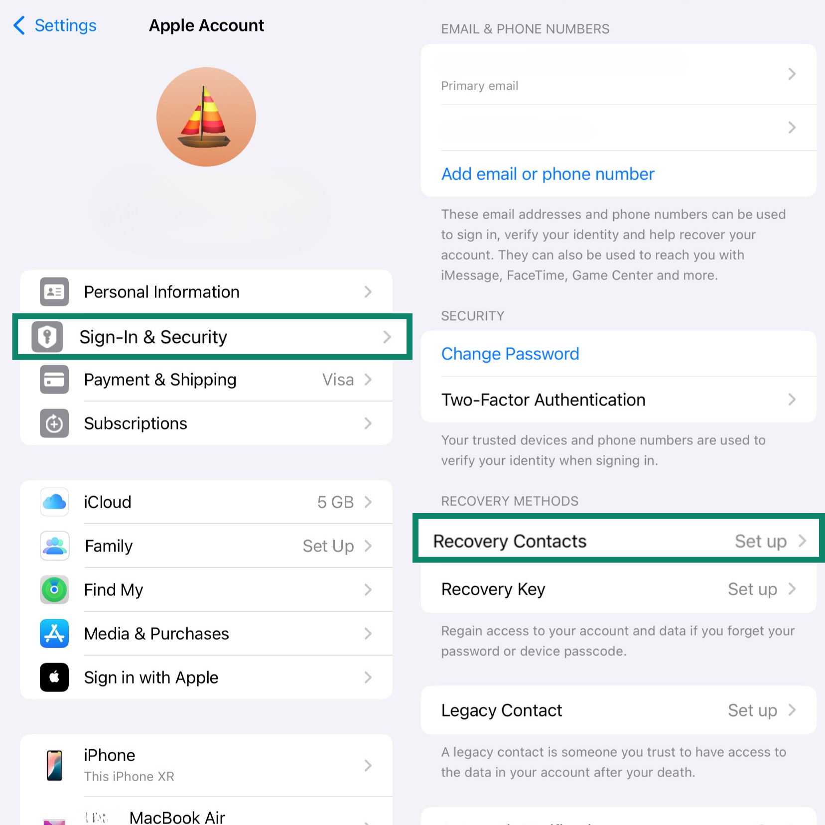 Two side-by-side iPhone screens showing how to set up Recovery Contacts. From the Apple Account menu, 'Sign-In & Security' is selected, leading to a page where 'Recovery Contacts' is highlighted.