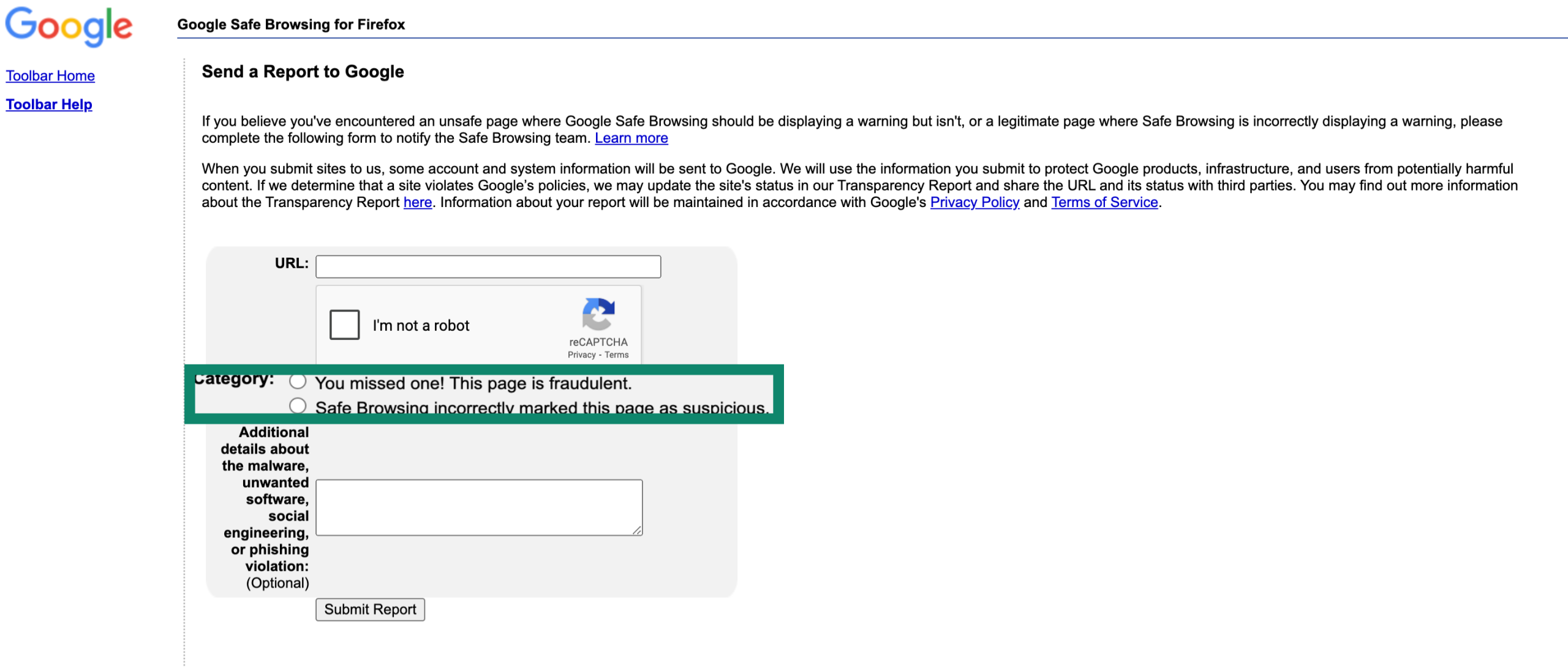 Google Safe Browsing page with category field highlighted.