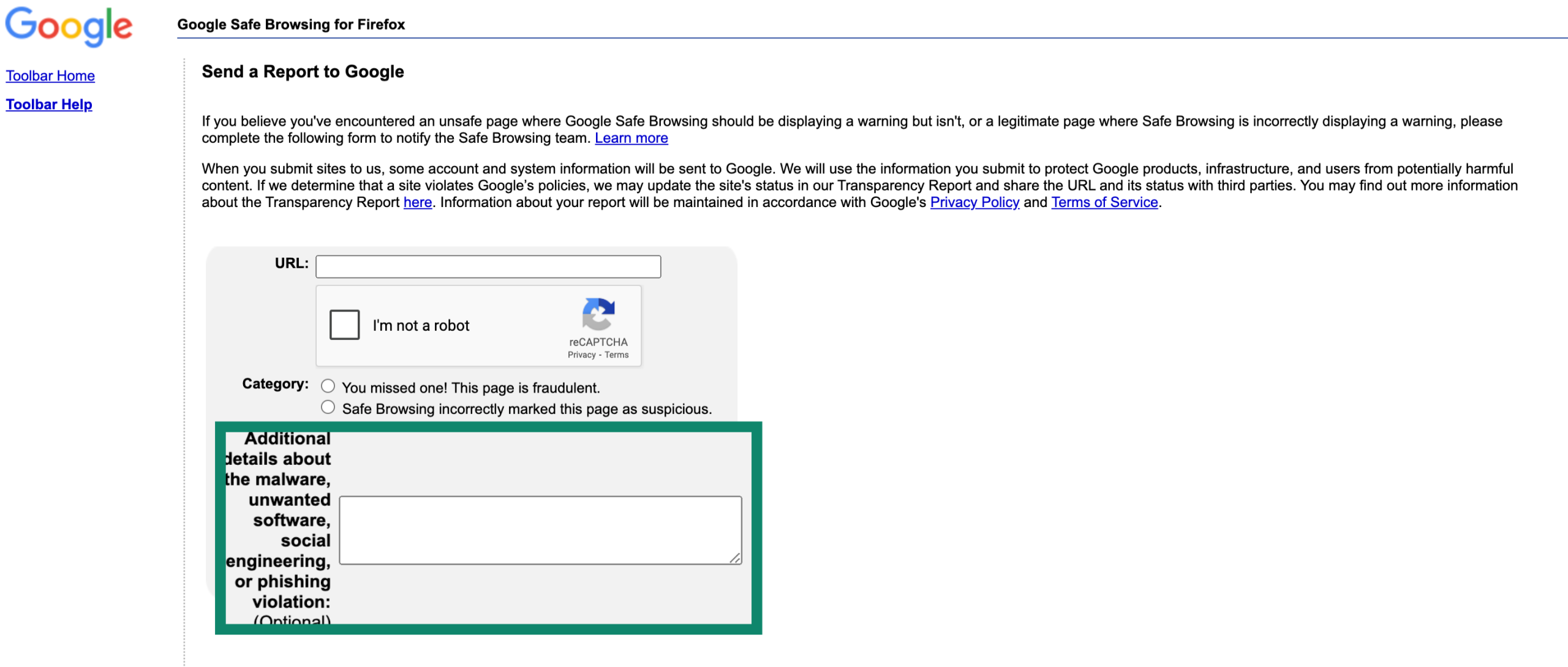 Google Safe Browsing page with category field highlighted.