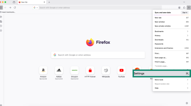 Firefox settings menu on desktop with Settings option highlighted.