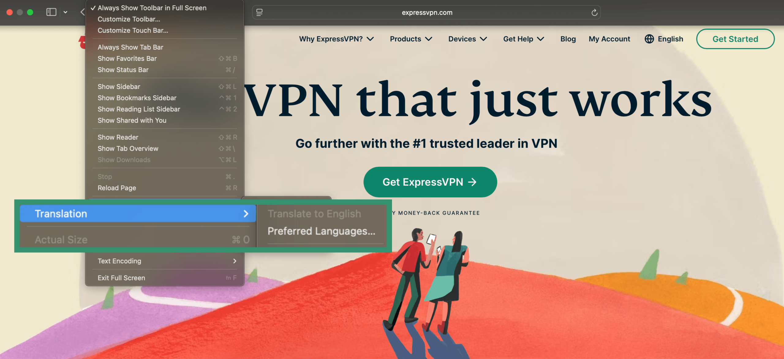 Steps for translating a webpage in Safari on Mac.