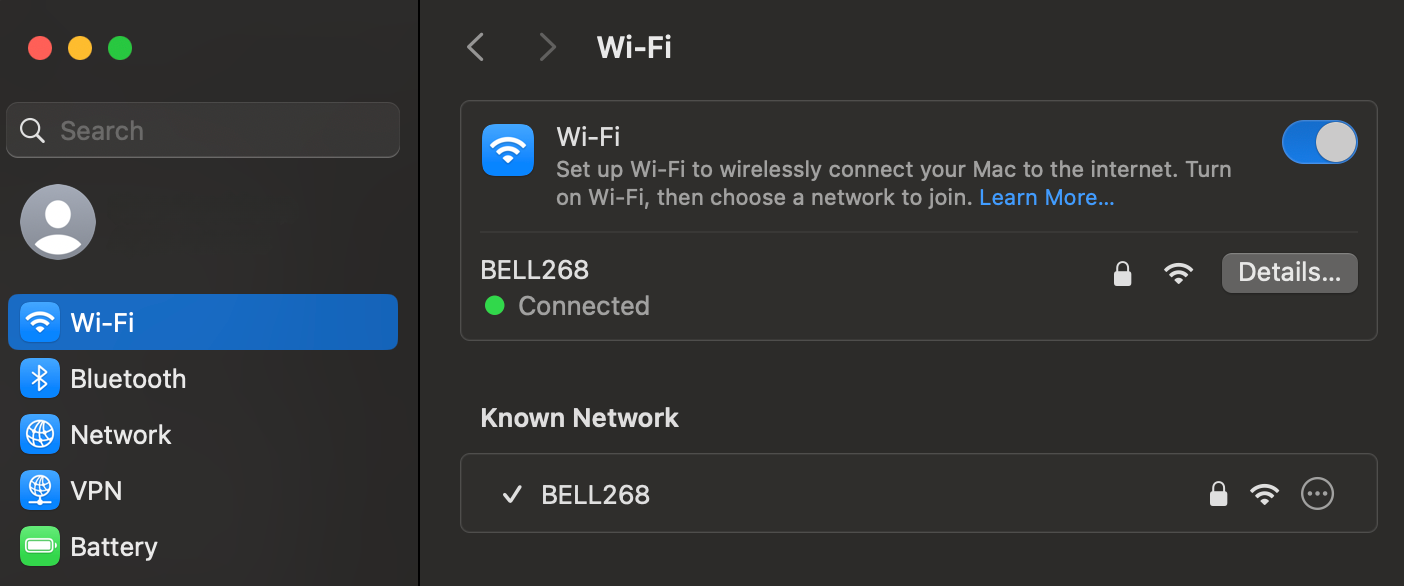 Mac System Settings Wi-Fi tab.
