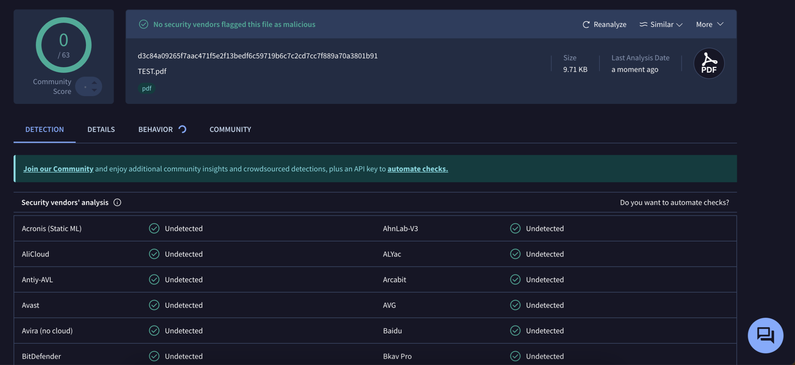 VirusTotal scan results showing no malware detected in the uploaded PDF.