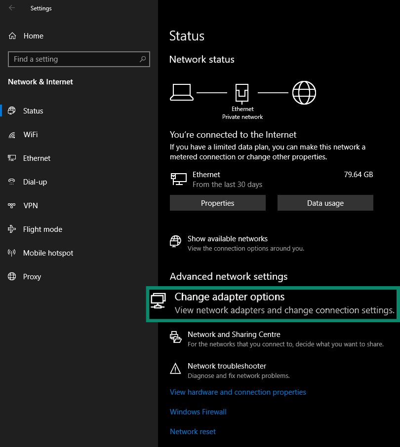 Windows 10 Network & Settings highlighting the Change adapter options button.