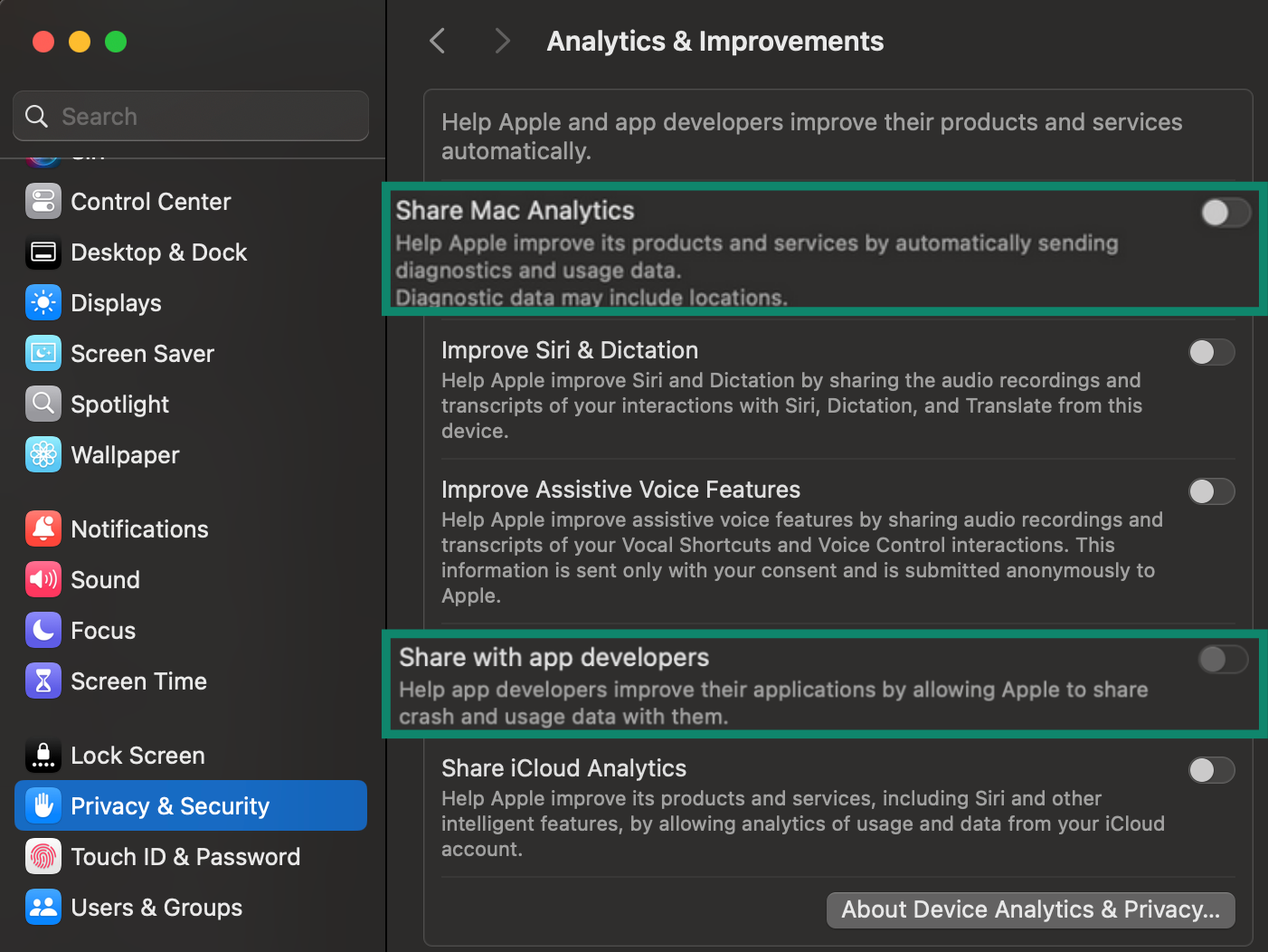 Mac Analytics & Improvements settings with Share Mac Analytics and Share with app developers toggles highlighted.