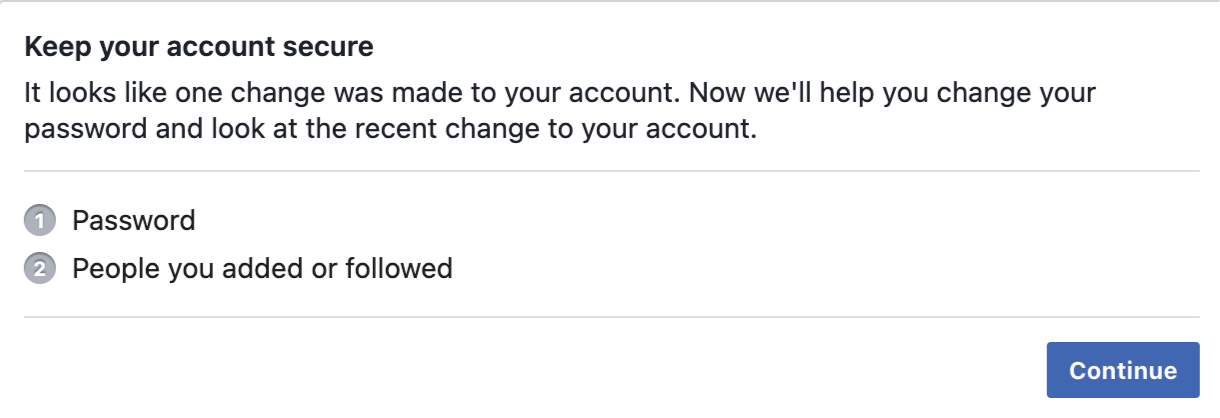 Facebook report showing recent changes to a Facebook account.