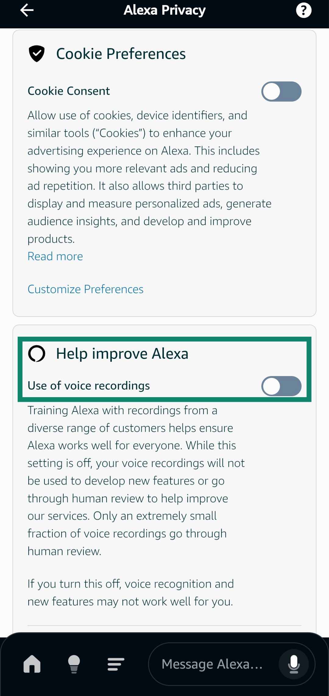 Toggling the Help improve Alexa option off in the Amazon Alexa app to stop sharing data with Amazon.