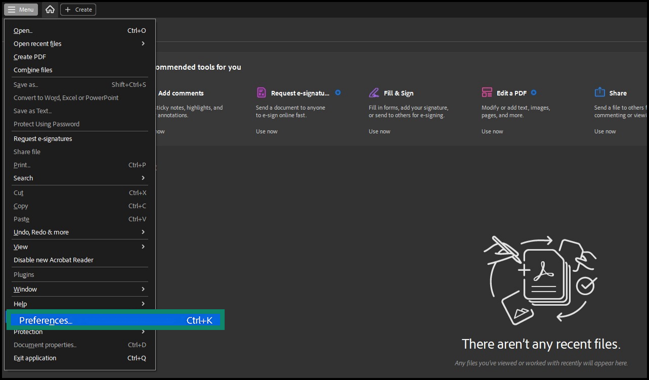 Image of Adobe Acrobat screen showing Preferences.