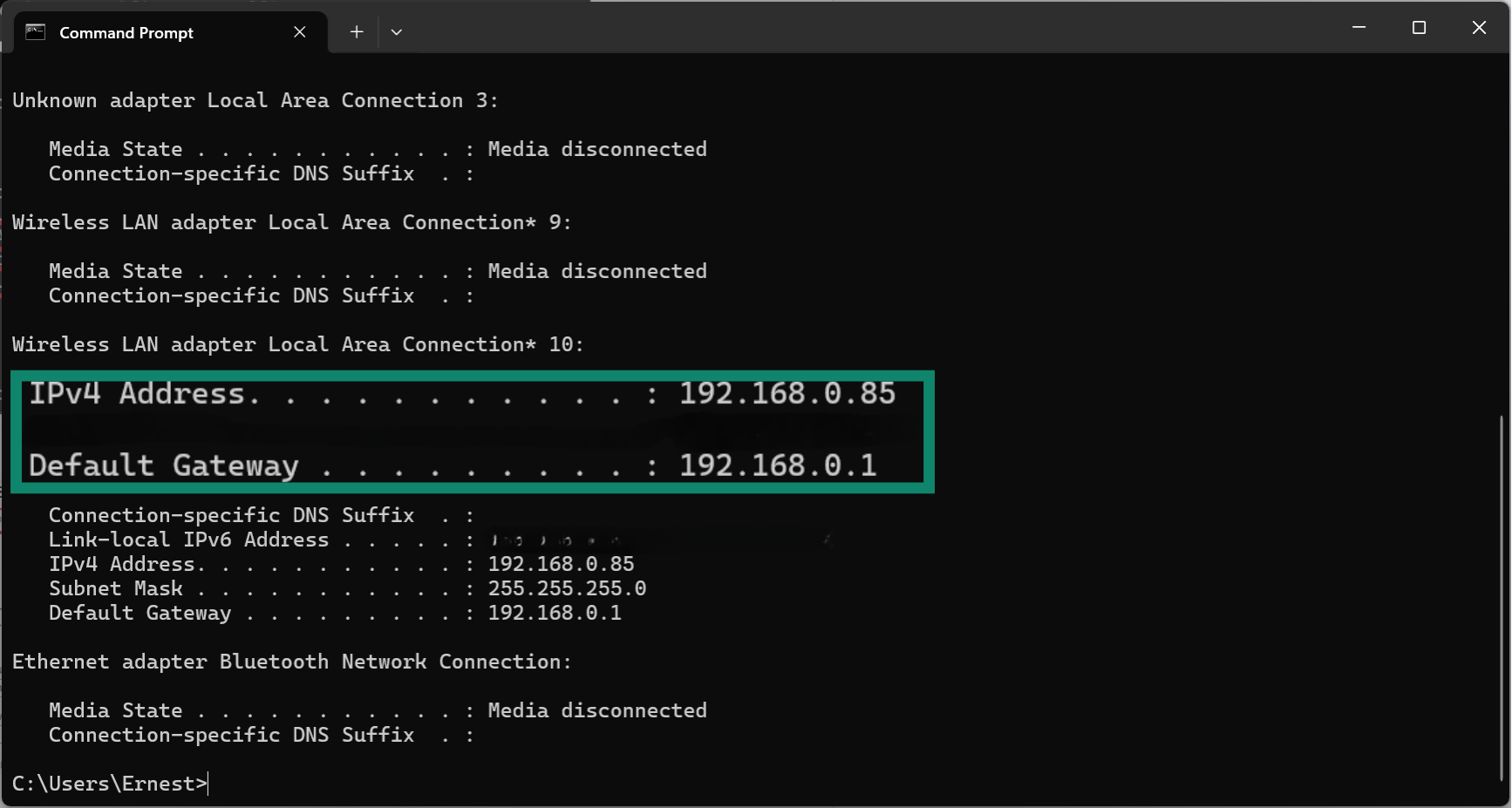 Copy or write down your IPv4 and Default Gateway addresses.