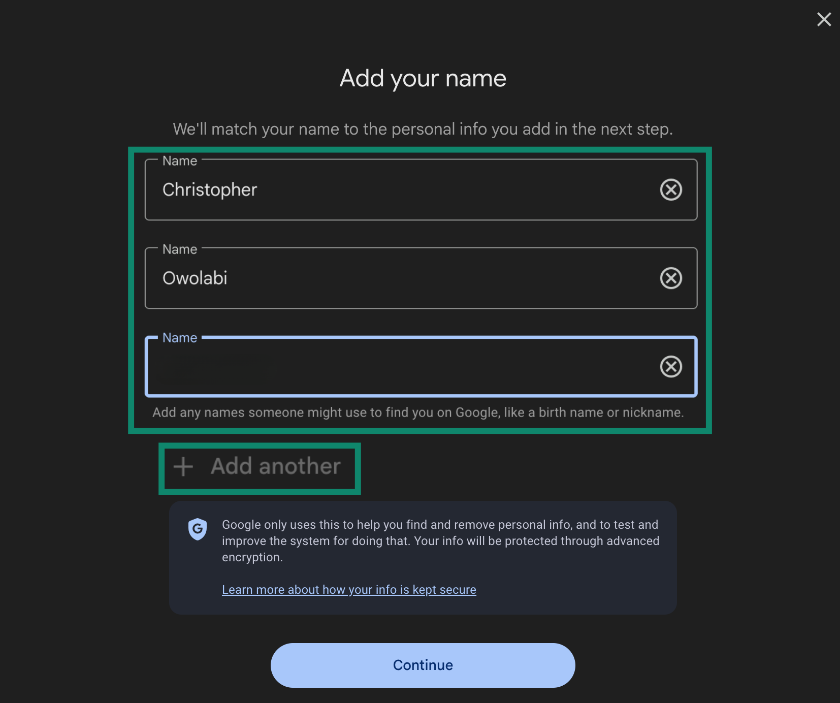 Google's data check and removal page with the option to add multiple names highlighted.
