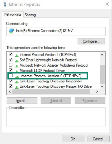 Windows 10 Ethernet Properties highlighting the item Internet Protocol Version 6 (TCP/IPv6).
