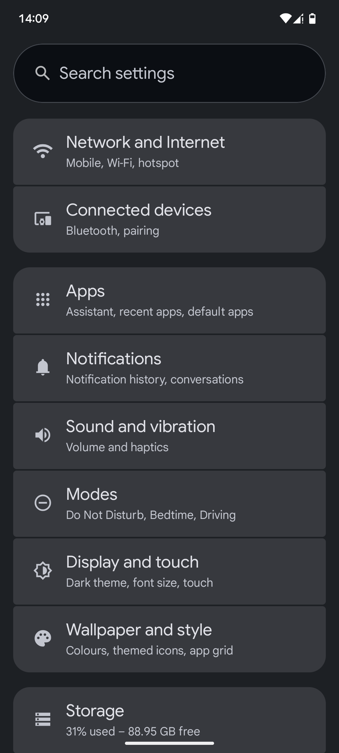The main page of the Settings app on an Android phone.