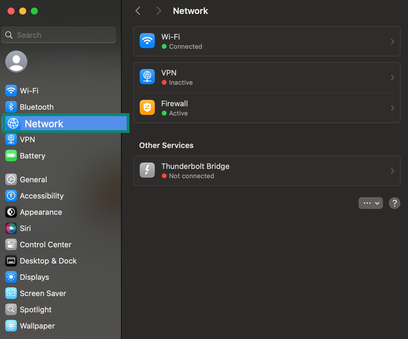 Network tab in macOS settings.