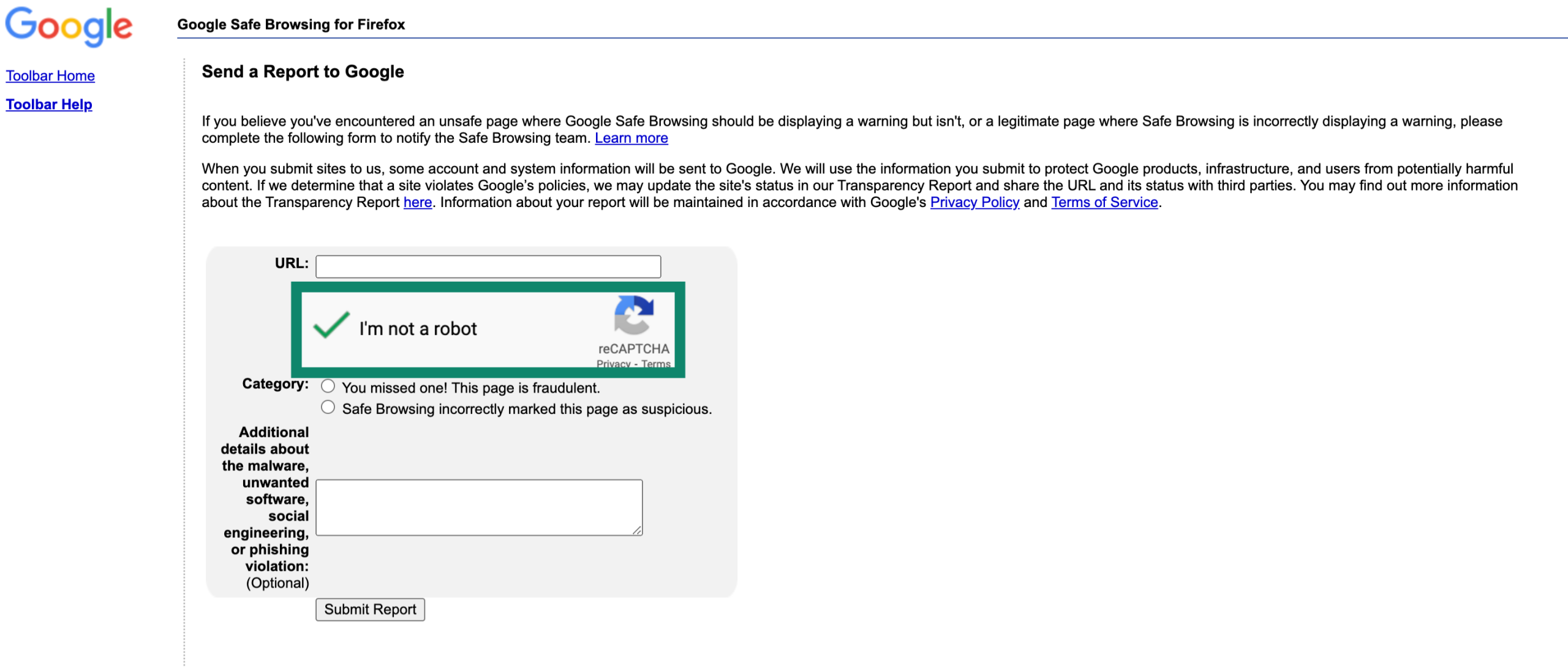 Google Safe Browsing page with I