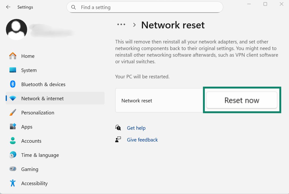 The Windows Network reset page.