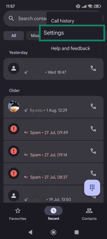 Phone app interface showing how to access the app's settings.