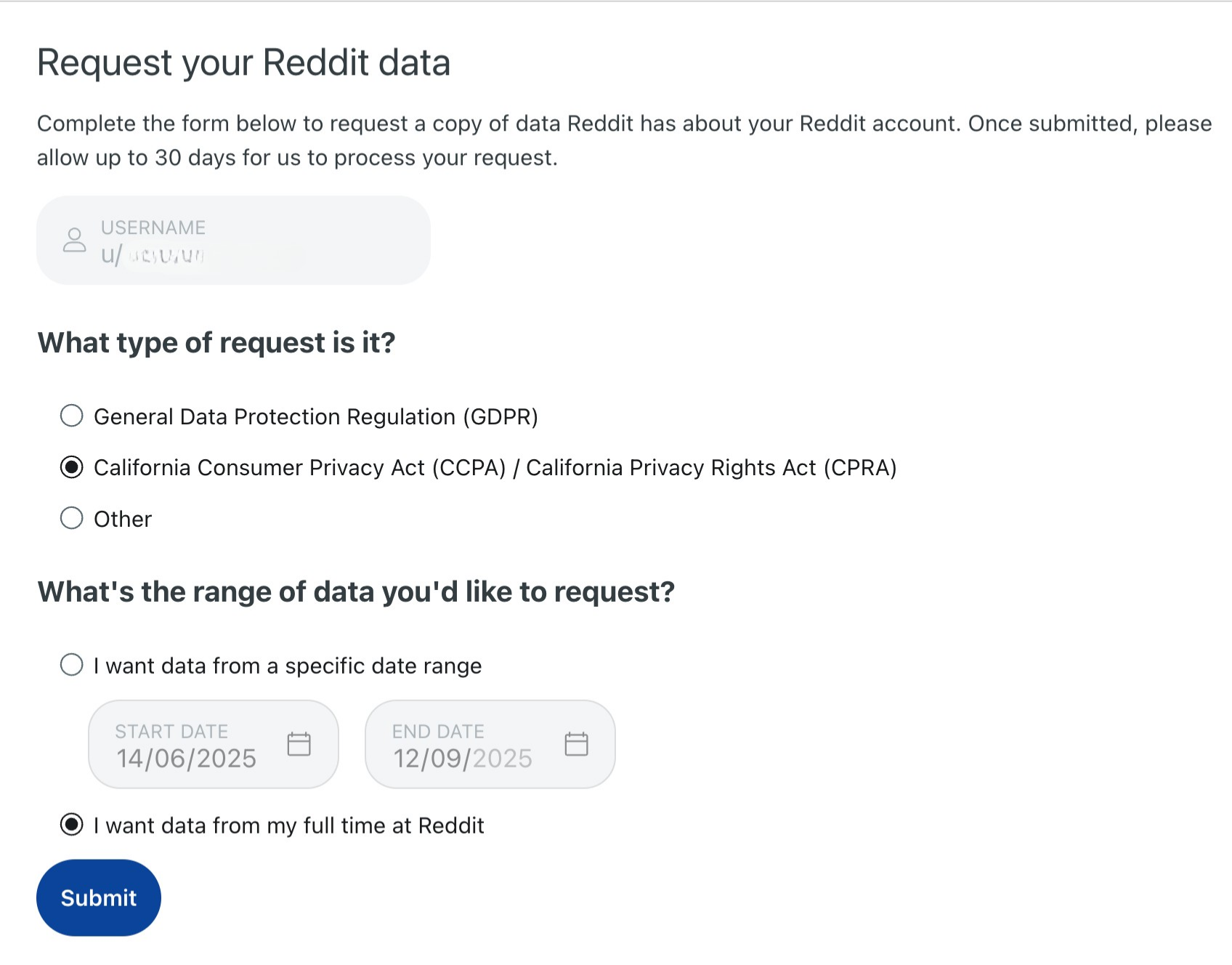 Reddit data request page on PC.