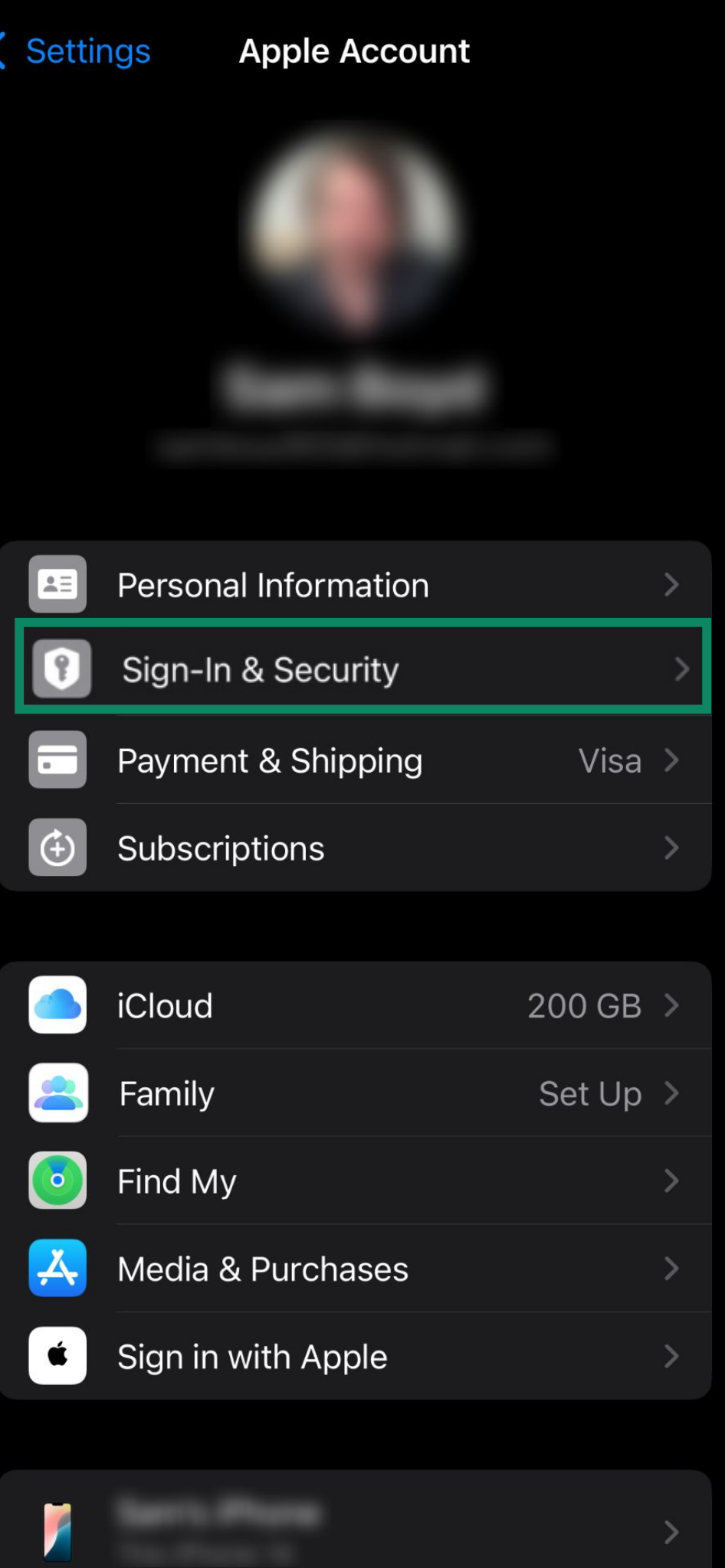 Apple Account page with Sign-In & Security displayed