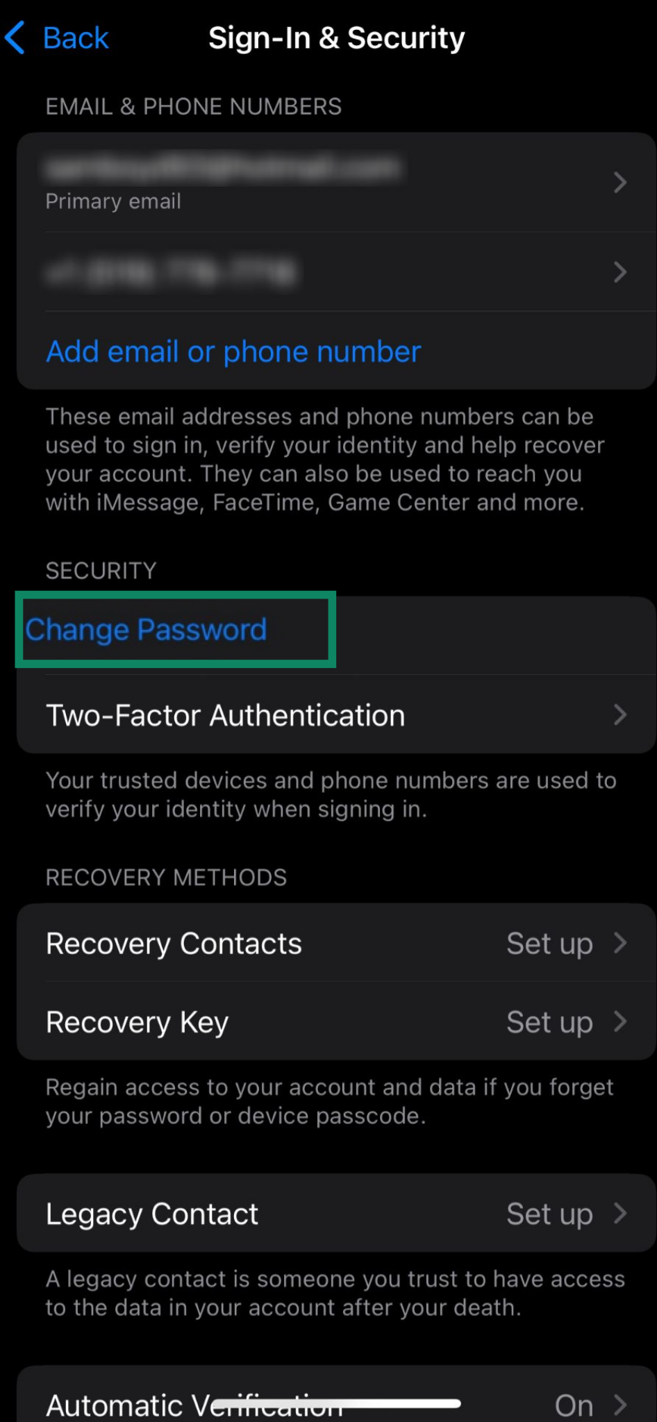 Screenshot showing where to tap to change your Apple account password