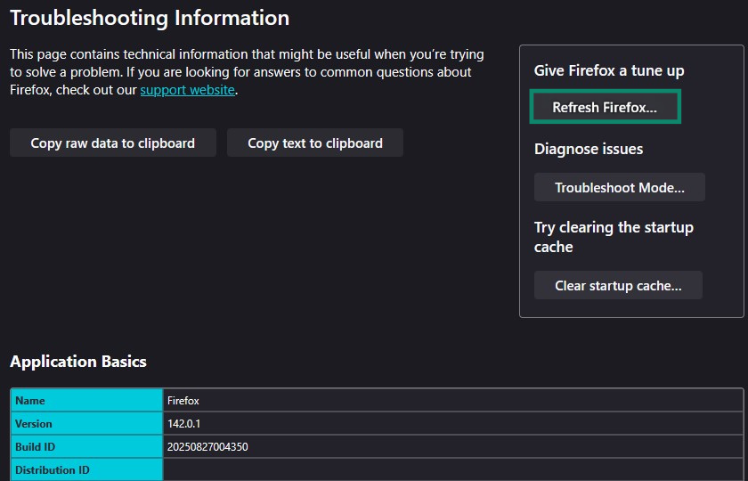 Firefox Troubleshooting Information menu with the Refresh Firefox button highlighted.