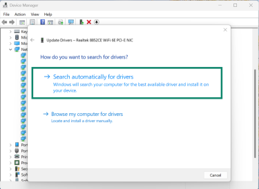 Windows 11 Device Manager menu driver update user interface.