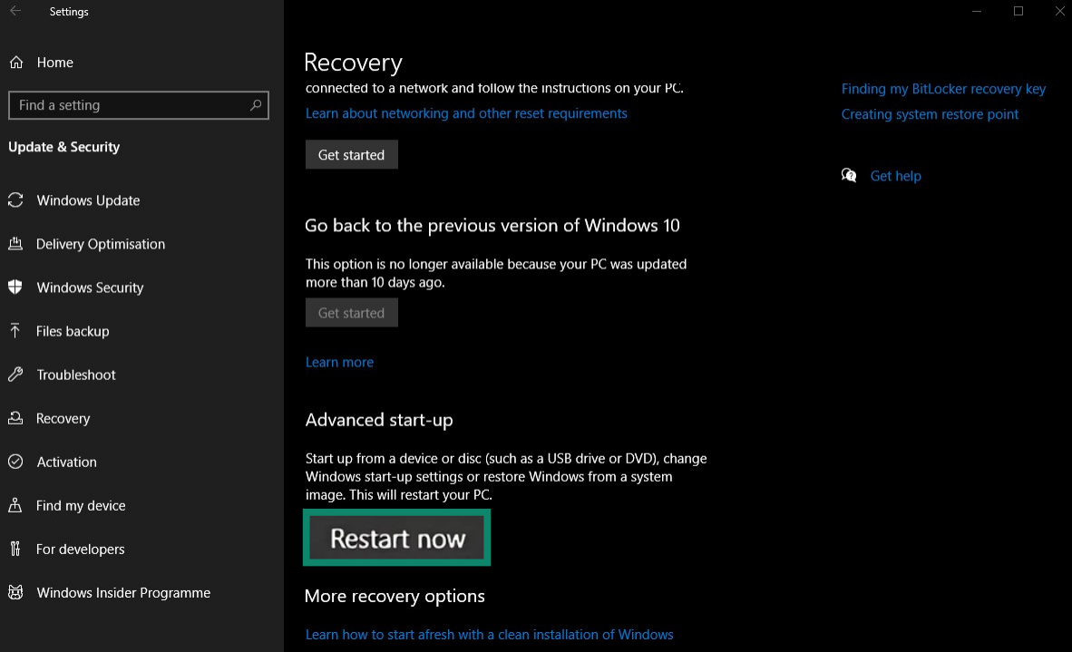 Windows Recovery settings with the Restart now button highlighted.