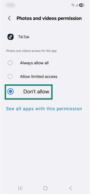 The "Photos and videos permission" page for the TikTok app on Android. The "Don't allow" option is selected and enlarged and highlighted.