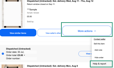 eBay Purchase History page showing the “More actions” menu open with the Help & report option