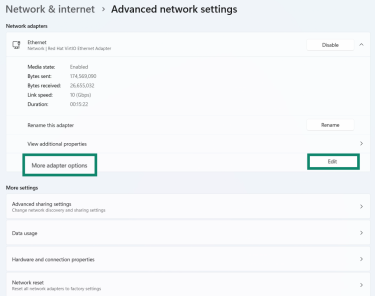Windows Advanced network settings page with More adapter options highlighted.