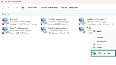 Network Connections window with Local Area Connection 2 context menu and Properties selected.