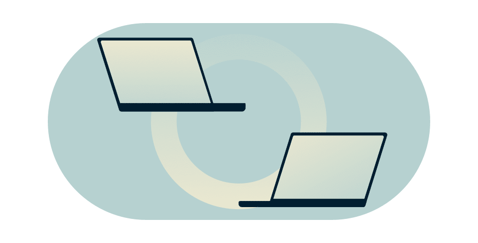 Two computer monitors linked by a gradient circle.