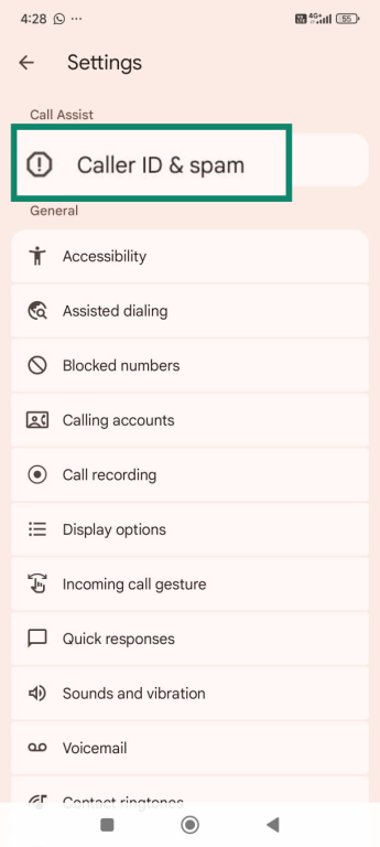 Android screen showing Caller ID & spam option in settings.
