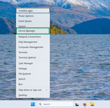 The power user menu on Windows with the Device Manager selected.