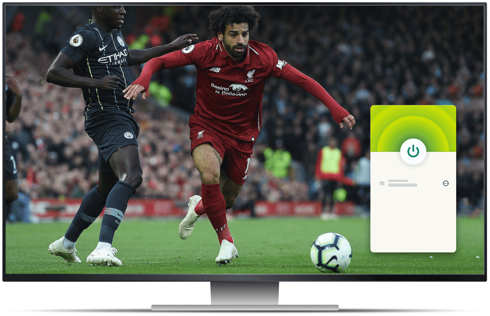 Una pantalla de computadora haciendo streaming de fútbol de beIN Sports online con una aplicación de VPN.
