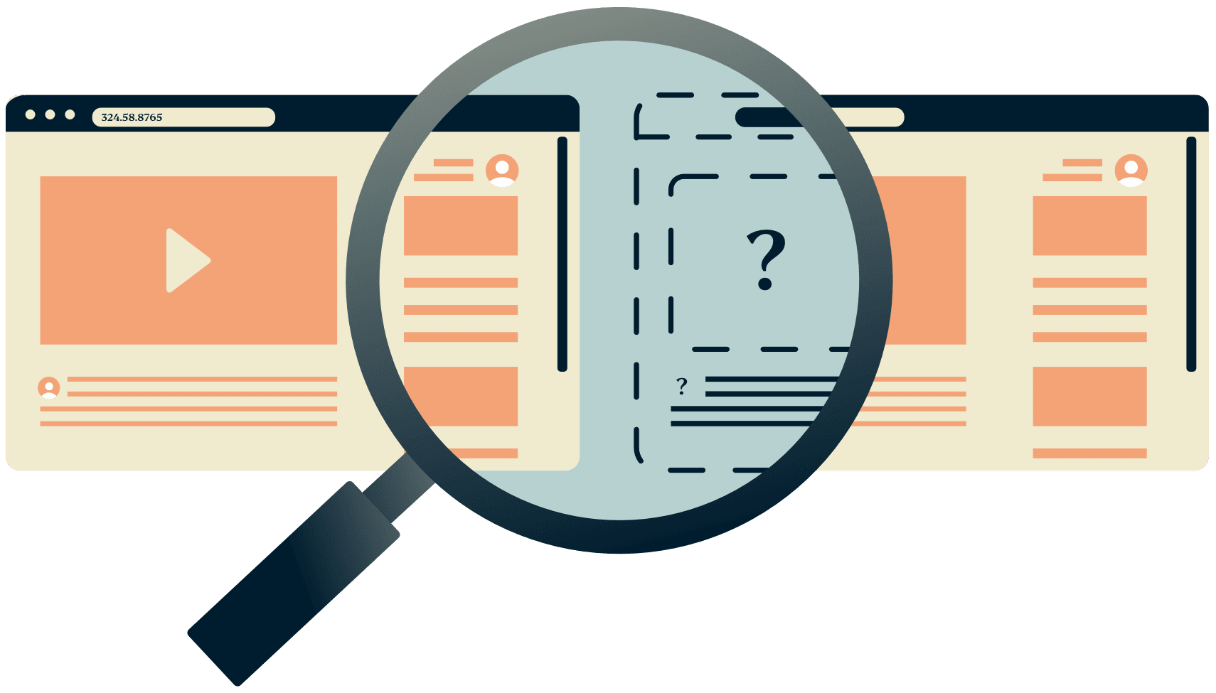 Een vergrootglas boven twee browservensters waar er een verborgen is.