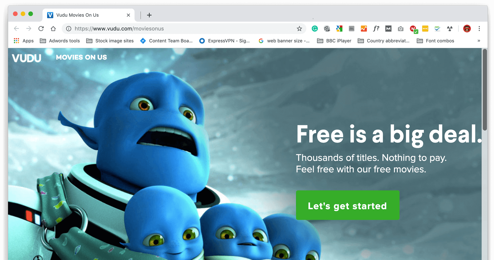 Uno screenshot del sito web di Vudu mostra Movie On Us.