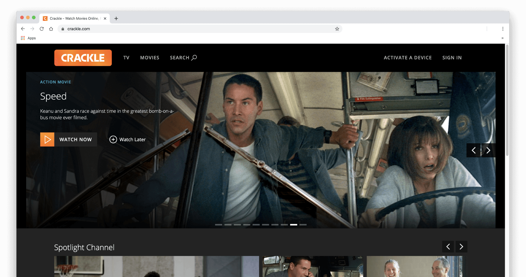 Crackle sullo schermo di un PC desktop.